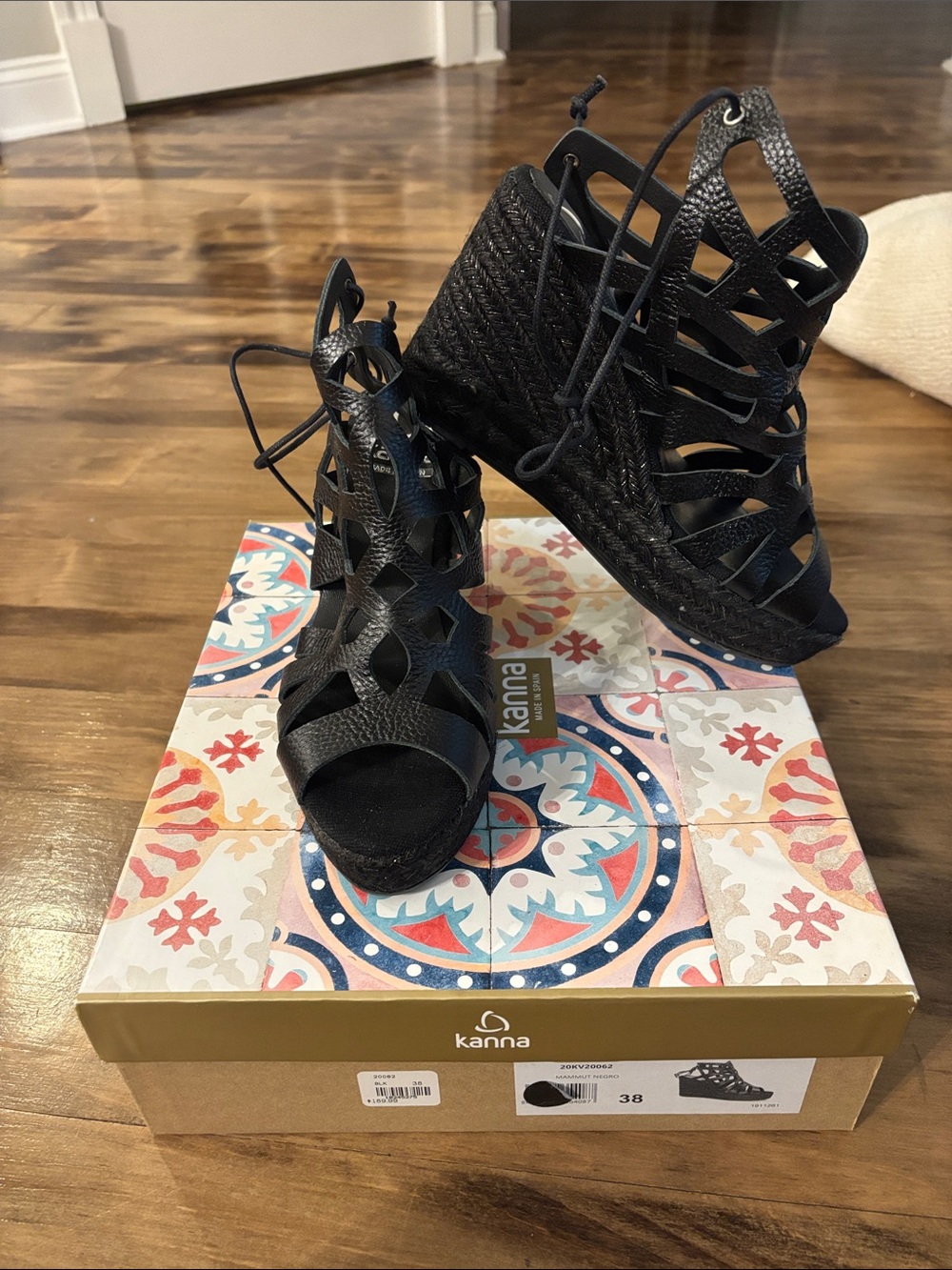 kanna Black Open-Toe Lace-Up Espadrille Wedge Sandals
